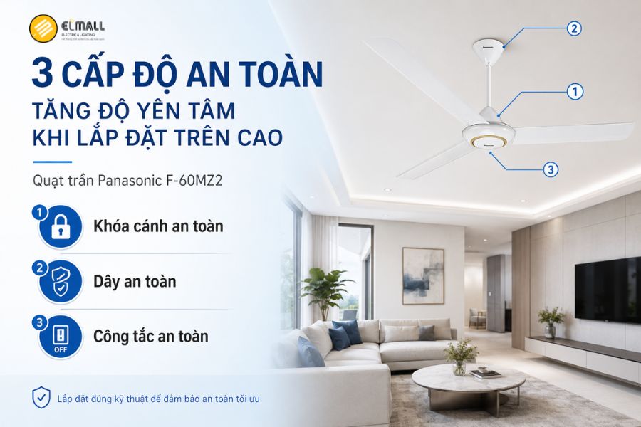 Panasonic F-60MZ2 trang bị 3 cấp độ an toàn gồm khóa cánh, dây an toàn và công tắc an toàn, giúp tăng độ chắc chắn và yên tâm khi sử dụng lâu dài.