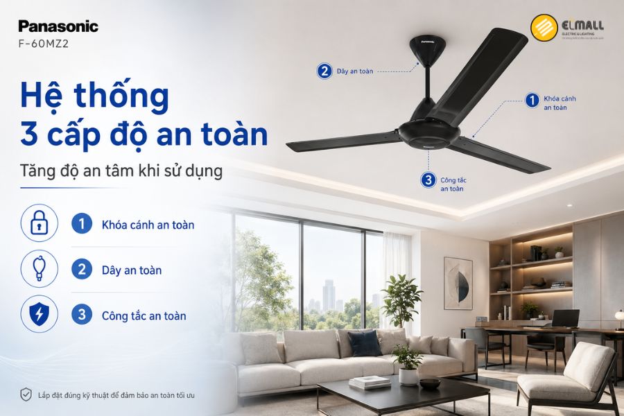Panasonic F-60MZ2 trang bị 3 cấp độ an toàn gồm khóa cánh, dây an toàn và công tắc an toàn, giúp tăng độ chắc chắn và an tâm khi sử dụng lâu dài.
