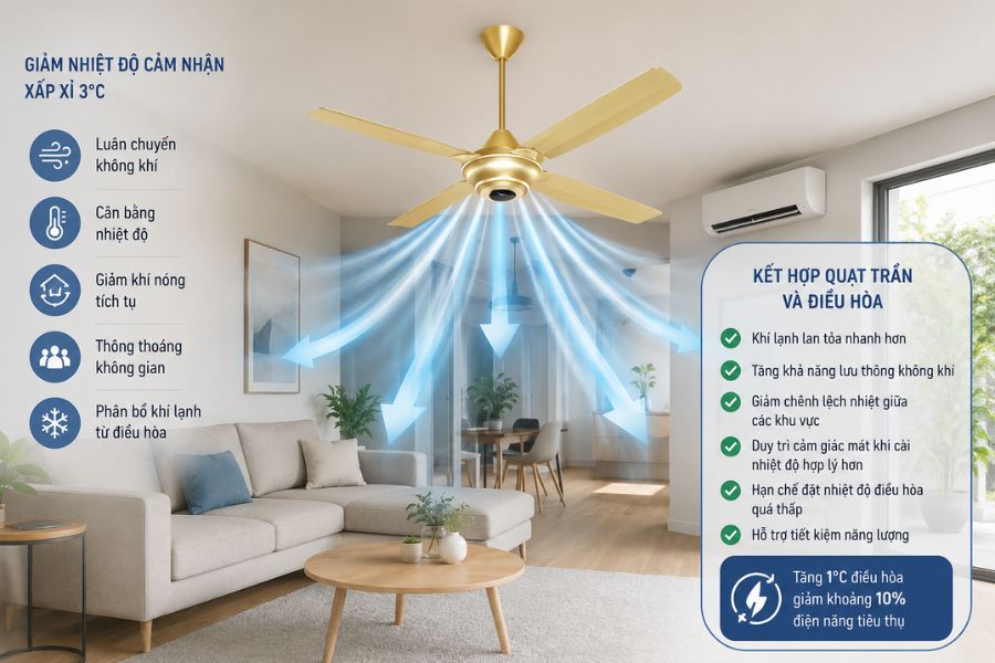 Panasonic F-56MZG-GO giúp giảm nhiệt độ cảm nhận khoảng 3°C và hỗ trợ phân bổ khí lạnh đều hơn khi kết hợp với điều hòa