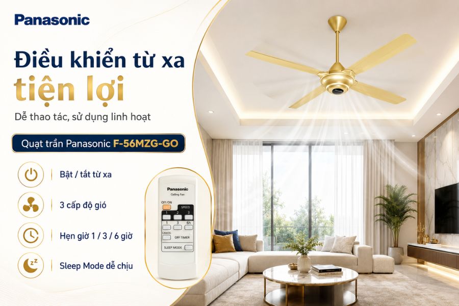 Panasonic F-56MZG-GO trang bị điều khiển từ xa, hỗ trợ 3 tốc độ gió, hẹn giờ 1/3/6 giờ và Sleep Mode, giúp sử dụng thuận tiện và linh hoạt hơn.