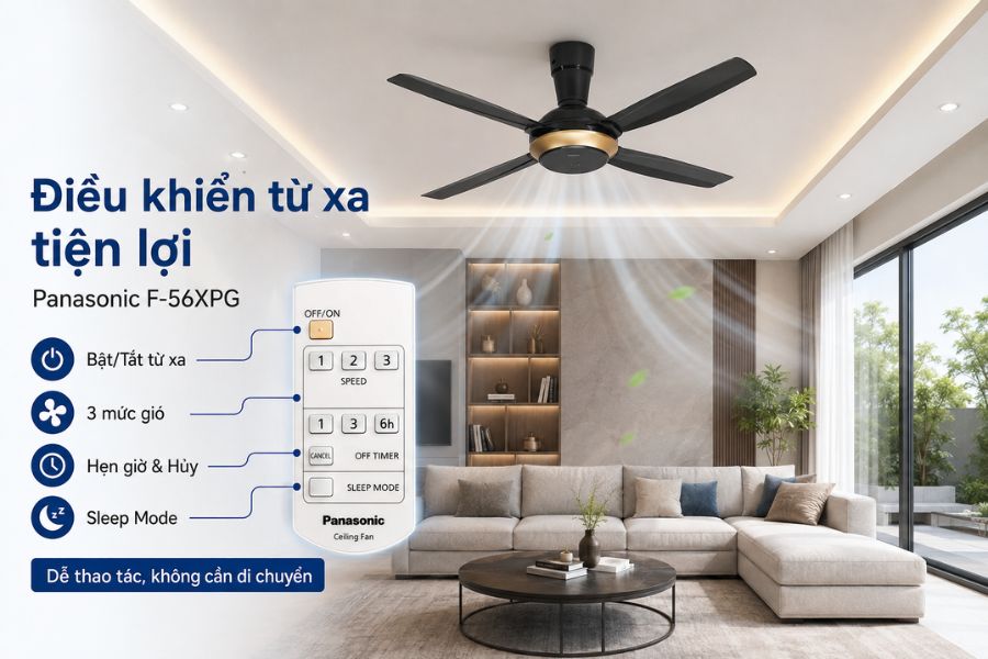 Panasonic F-56XPG trang bị điều khiển từ xa, hỗ trợ 3 tốc độ gió, hẹn giờ và Sleep Mode, giúp sử dụng thuận tiện và linh hoạt hơn.