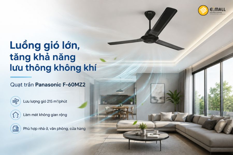 Panasonic F-60MZ2 tạo lưu lượng gió lên đến 215 m³/phút, giúp lưu thông không khí nhanh, giảm nóng bí và làm mát hiệu quả trên diện tích rộng.