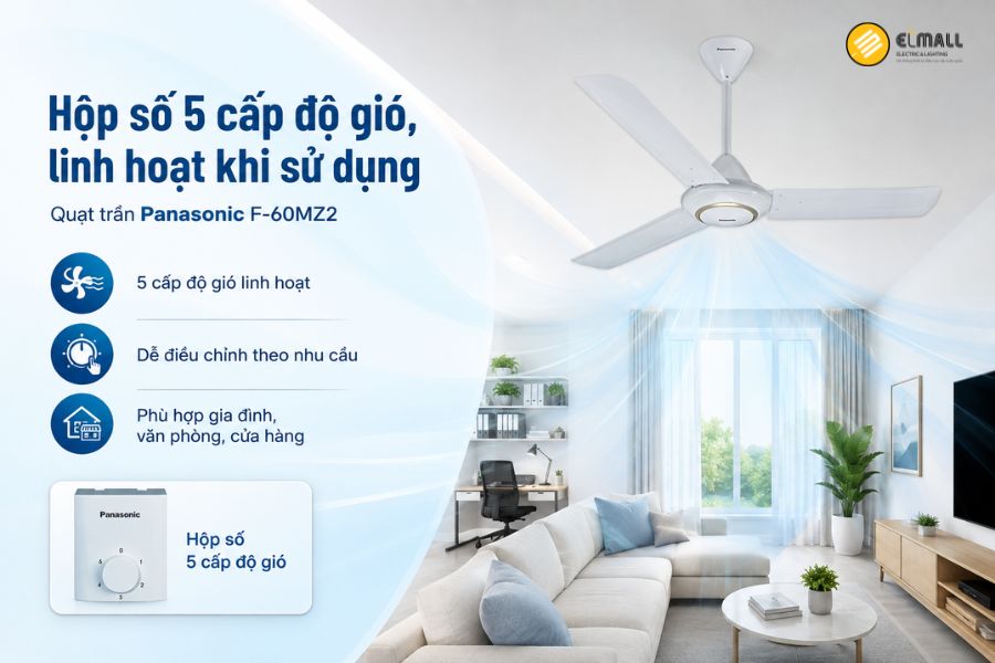 Panasonic F-60MZ2 có 5 cấp độ gió, giúp điều chỉnh linh hoạt theo thời tiết, diện tích phòng và nhu cầu sử dụng.