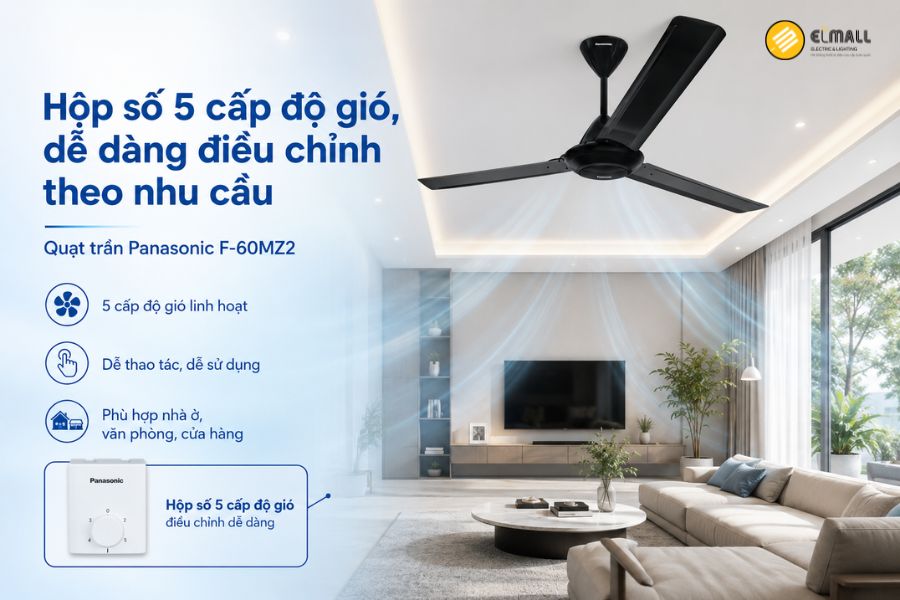 Panasonic F-60MZ2 có 5 cấp độ gió, giúp dễ dàng điều chỉnh tốc độ phù hợp với thời tiết và nhu cầu sử dụng.