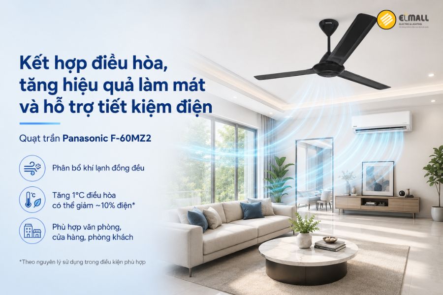 Panasonic F-60MZ2 kết hợp điều hòa giúp phân bổ khí lạnh đều hơn, tăng cảm giác mát và hỗ trợ tiết kiệm điện năng.