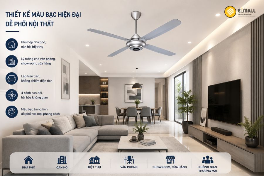 Panasonic F-56MZG-GO có thiết kế 4 cánh màu bạc hiện đại, dễ phối nội thất và phù hợp nhiều không gian dân dụng, thương mại.