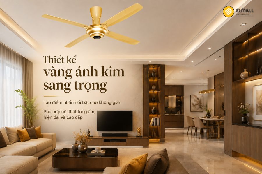 Panasonic F-56MPG-GO có 4 cánh màu vàng ánh kim sang trọng, vừa làm mát vừa tạo điểm nhấn thẩm mỹ cho không gian.