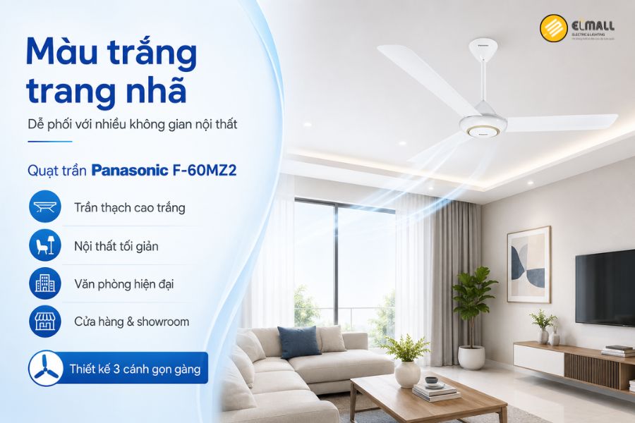 Panasonic F-60MZ2 có thiết kế 3 cánh màu trắng, kiểu dáng gọn gàng, dễ phối với trần và nhiều phong cách nội thất hiện đại.