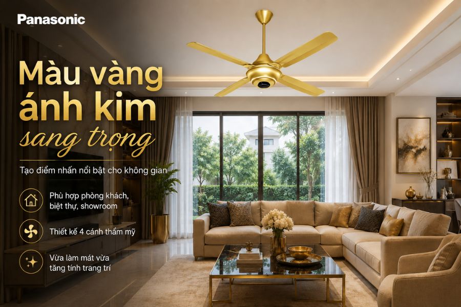 Panasonic F-56MZG-GO nổi bật với màu vàng ánh kim sang trọng, vừa làm mát vừa tạo điểm nhấn thẩm mỹ cho không gian.
