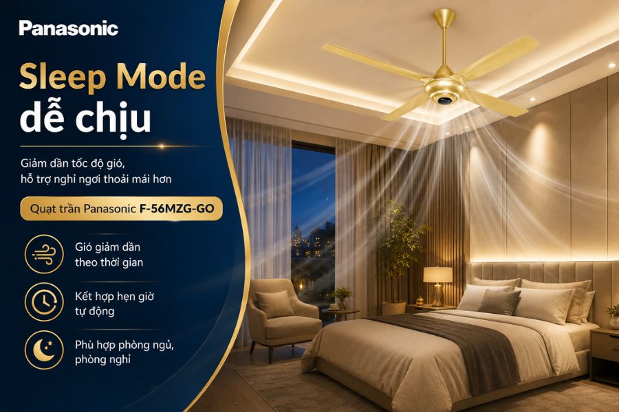 Panasonic F-56MZG-GO với Sleep Mode giúp giảm dần tốc độ gió khi nghỉ ngơi, kết hợp hẹn giờ để tạo cảm giác dễ chịu và hạn chế vận hành không cần thiết.
