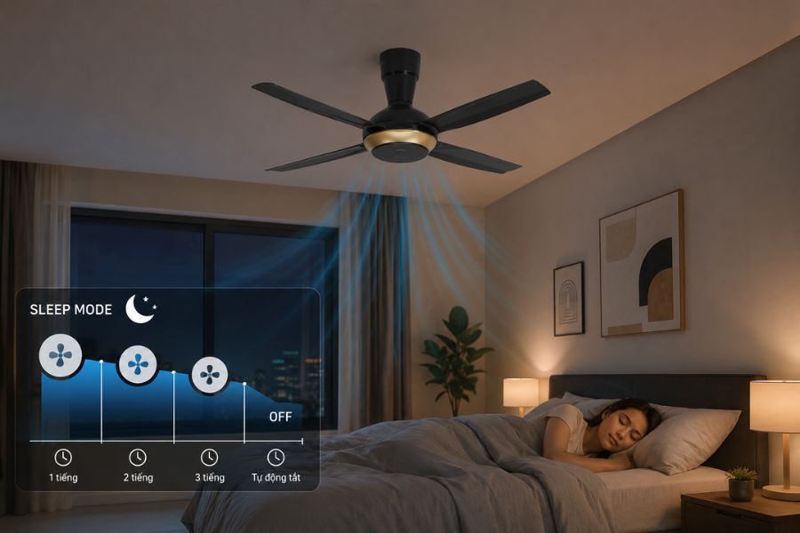 Panasonic F-56XPG với Sleep Mode giúp giảm dần tốc độ gió khi ngủ, tạo cảm giác dễ chịu và hạn chế vận hành không cần thiết.