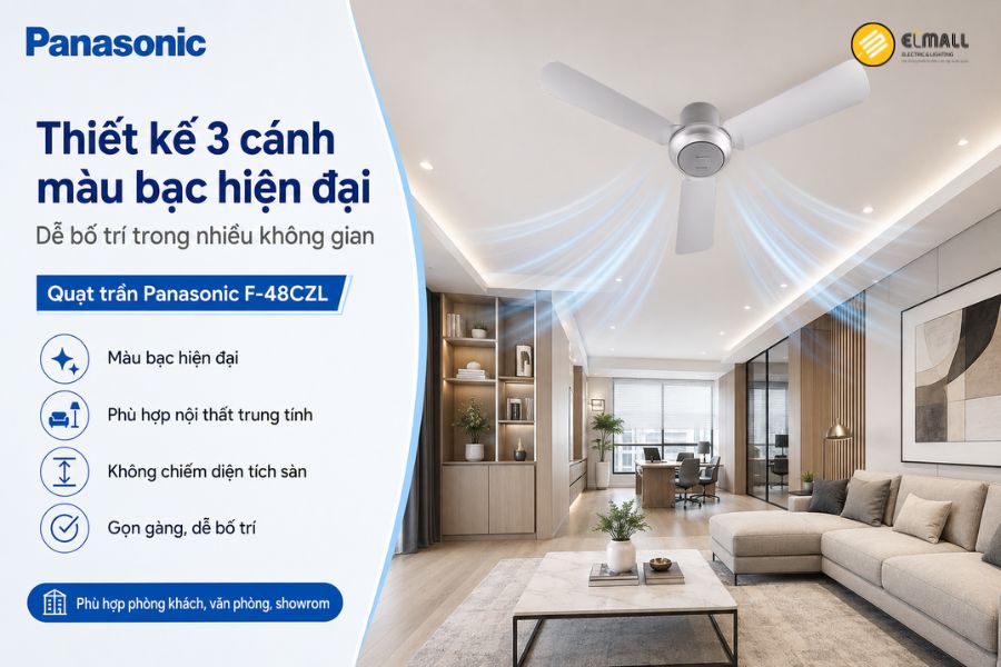 Panasonic F-48CZL có thiết kế 3 cánh màu bạc hiện đại, kiểu dáng gọn gàng, dễ phối nội thất và giúp tiết kiệm diện tích sàn.
