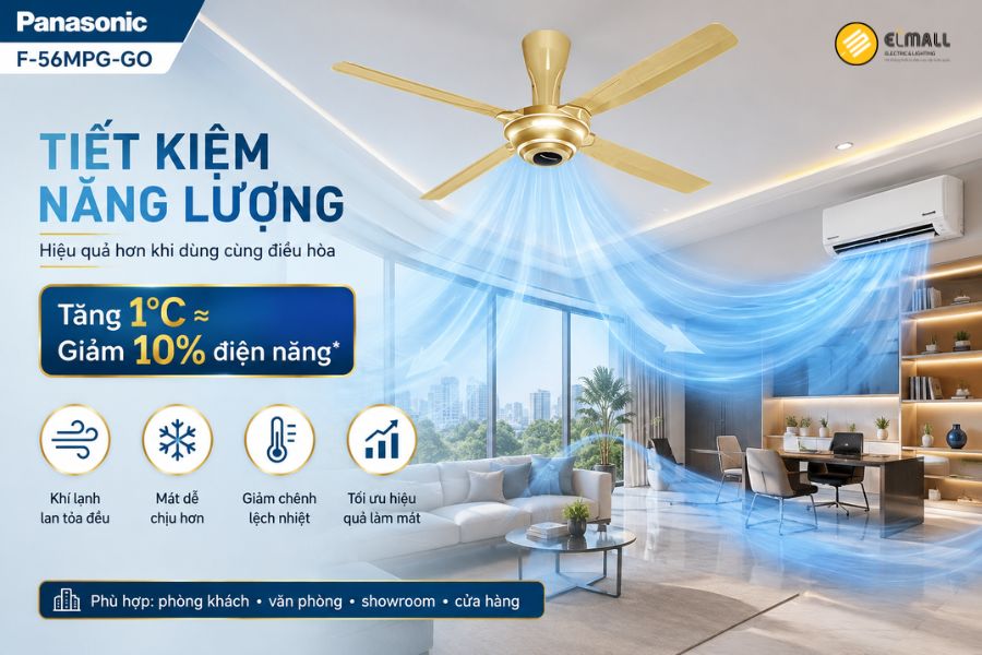 Panasonic F-56MPG-GO kết hợp điều hòa giúp phân bổ khí lạnh đều hơn, tăng cảm giác mát và hỗ trợ tiết kiệm điện năng.