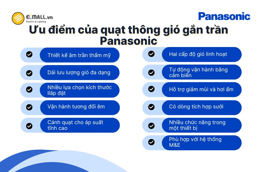 Quạt thông gió gắn trần Panasonic có thiết kế âm trần thẩm mỹ, vận hành êm, đa dạng lưu lượng và tích hợp nhiều tính năng tiện ích.