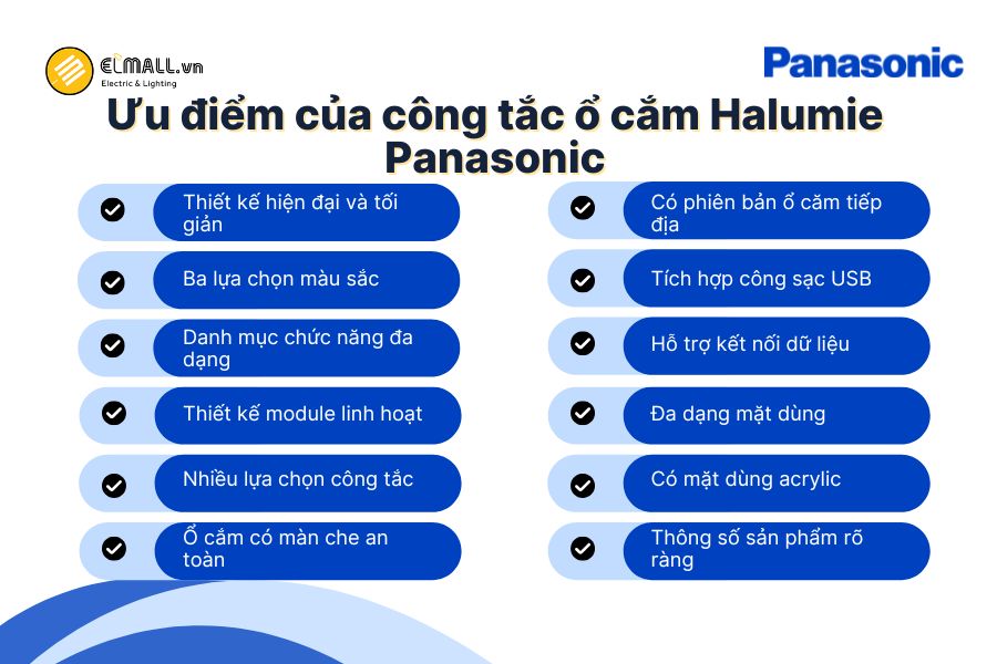 Công tắc ổ cắm Panasonic Halumie nổi bật với thiết kế hiện đại, đa dạng chức năng, linh hoạt lắp đặt và phù hợp nhiều công trình.