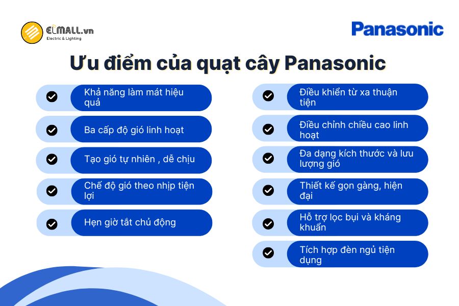 Quạt cây Panasonic làm mát hiệu quả, nhiều tiện ích, thiết kế hiện đại và phù hợp với nhiều không gian.