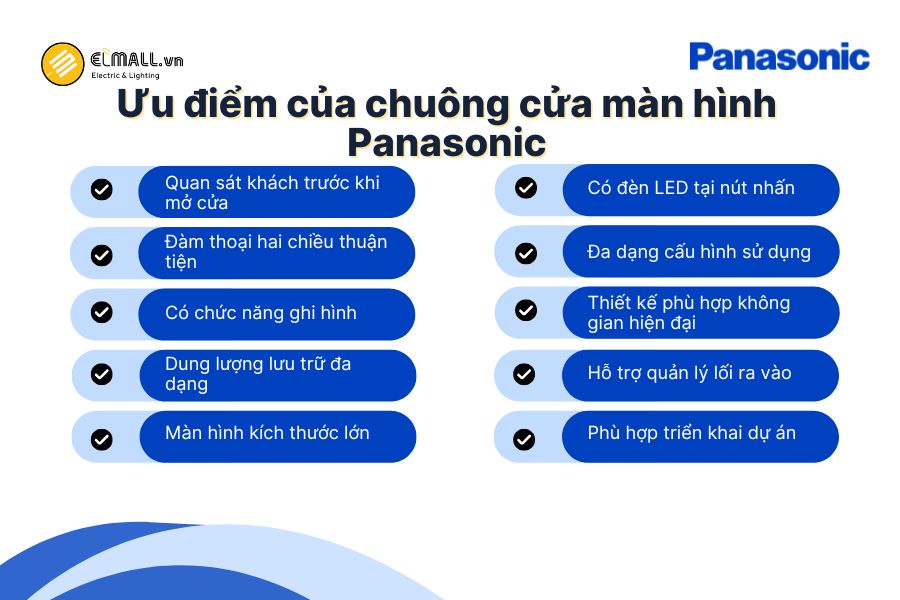 Chuông cửa màn hình Panasonic nổi bật với khả năng quan sát, đàm thoại, ghi hình và hỗ trợ kiểm soát ra vào tiện lợi.