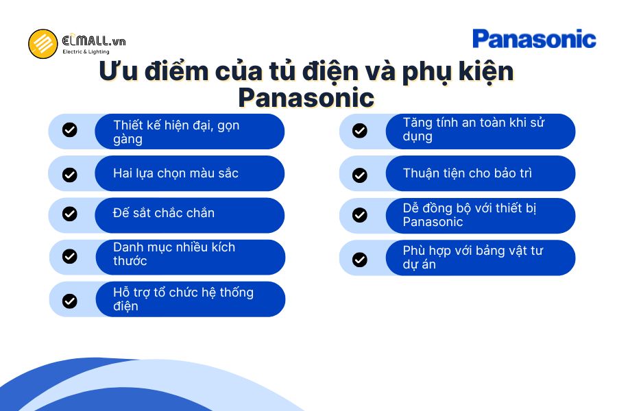 Tủ điện Panasonic nổi bật với thiết kế thẩm mỹ, kết cấu chắc chắn, đa dạng kích thước và khả năng bố trí thiết bị điện gọn gàng, thuận tiện cho thi công và bảo trì.