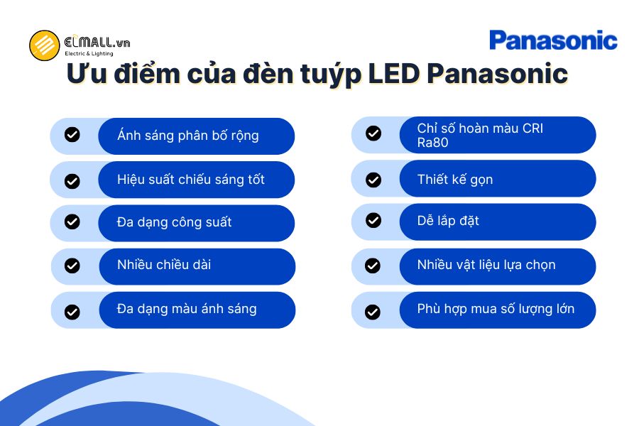 Đèn tuýp LED và đèn bán nguyệt Panasonic nổi bật với ánh sáng rộng, đa dạng công suất, dễ lắp đặt và phù hợp cho nhiều công trình dân dụng, thương mại.