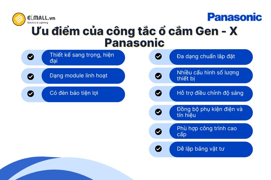 Công tắc ổ cắm Panasonic Gen-X nổi bật với thiết kế sang trọng, đa dạng chức năng, lắp đặt linh hoạt và phù hợp các công trình cao cấp.